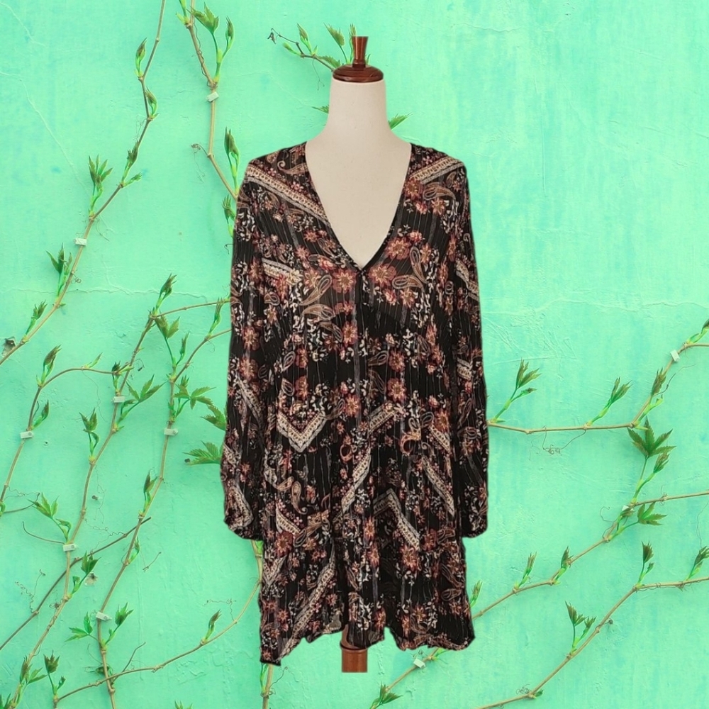 Zara Paisley Printed Boho Mini Dress Metallic Black Combo Chiffon L NWT